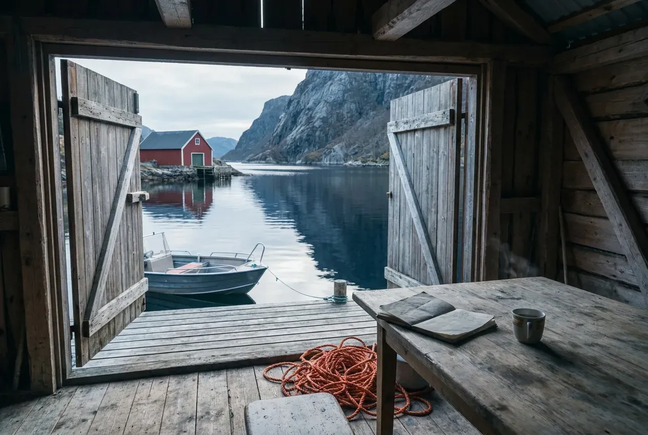 Innsiden av et norsk naust med åpne dører mot en rolig fjord, en liten aluminiumsbåt ved brygga, et rødmalt naust på andre siden av vannet, en åpen feltbok og kaffekopp på et slitt trebord i forgrunnen, og et kveil oransje tau på gulvet